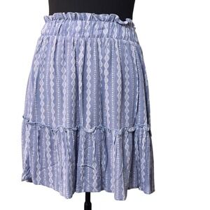 Pink Rose Blue/White Denim Vertical Geometric Print Mini Skirt Large Ruffles NEW